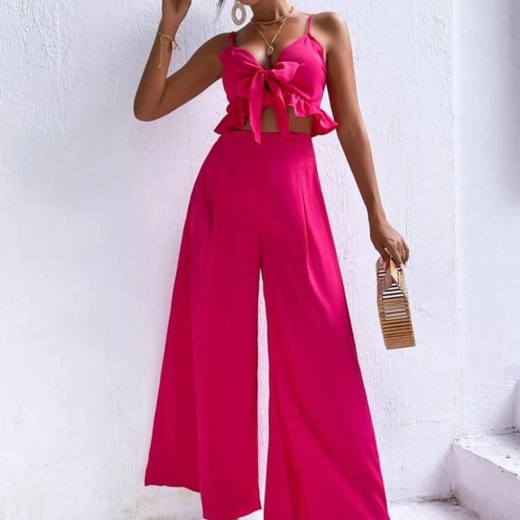 Wide Leg Pants w/ Peplum Cami Knot Front Top set - Picture 3 of 8